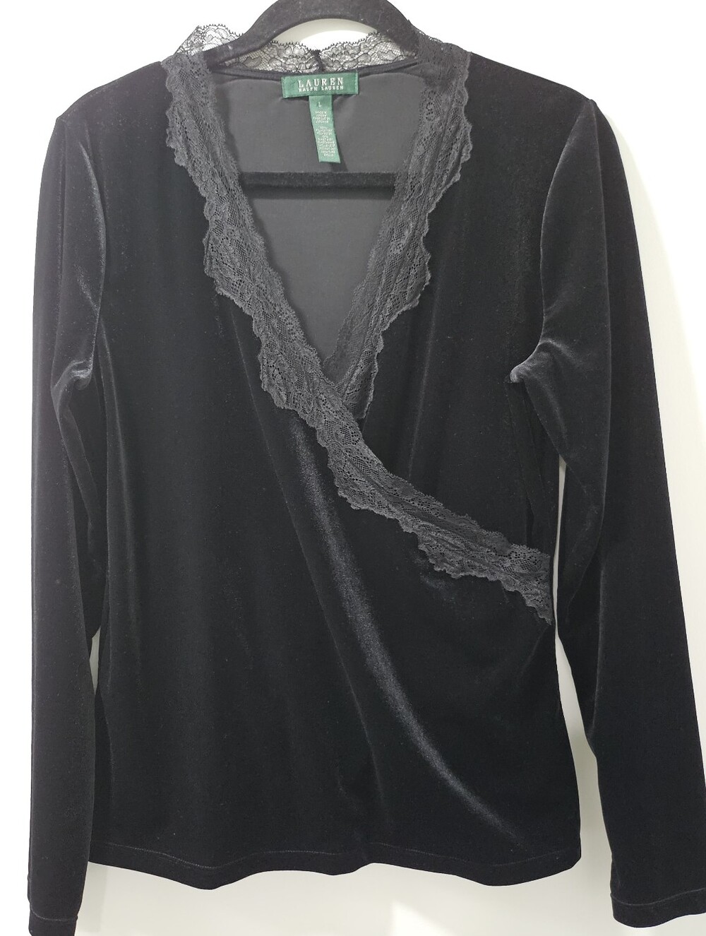 Lauren Ralph Lauren Black Velvet Lace-Trim Wrap Top Large